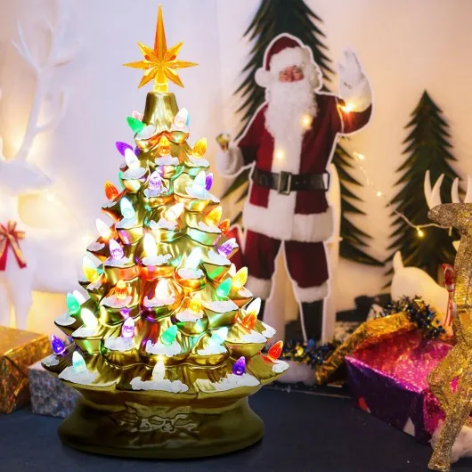 15" Pre-Lit Hand-Painted Ceramic Christmas Tree-Golden