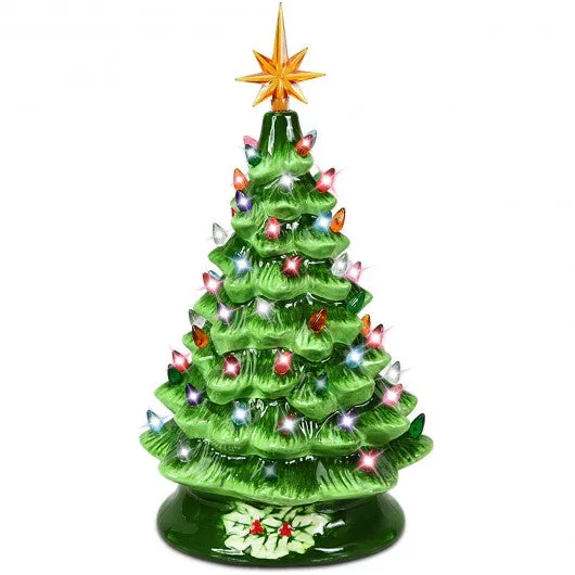 15" Pre-Lit Hand-Painted Ceramic Christmas Tree-Green