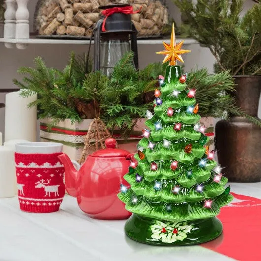 15" Pre-Lit Hand-Painted Ceramic Christmas Tree-Green