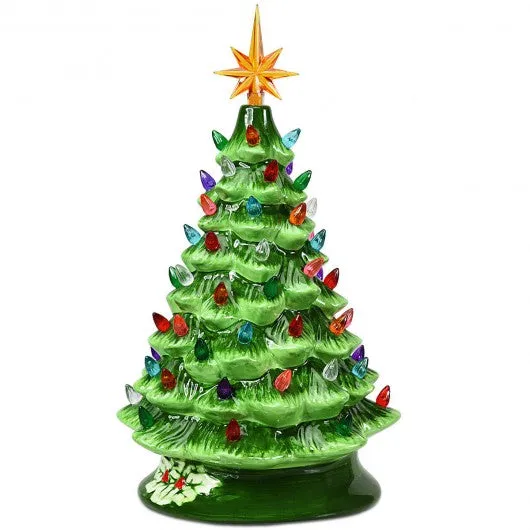 15" Pre-Lit Hand-Painted Ceramic Christmas Tree-Green