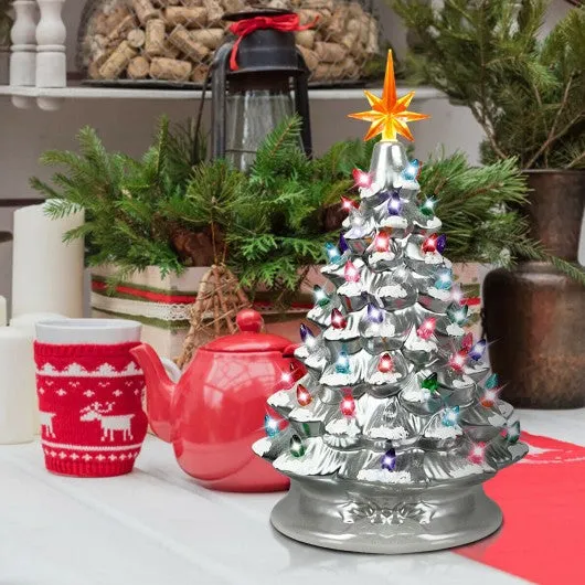 15" Pre-Lit Hand-Painted Ceramic Christmas Tree-Silver