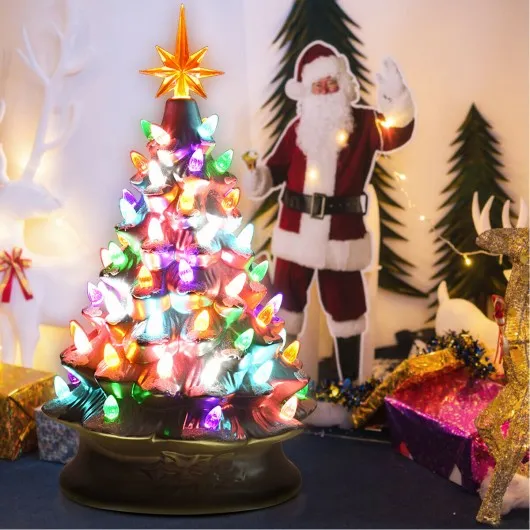 15" Pre-Lit Hand-Painted Ceramic Christmas Tree-Silver