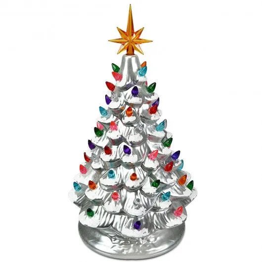 15" Pre-Lit Hand-Painted Ceramic Christmas Tree-Silver