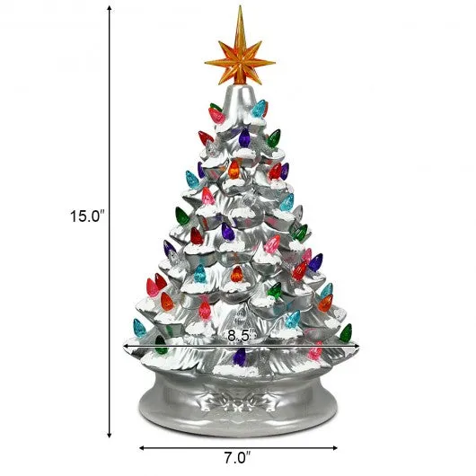 15" Pre-Lit Hand-Painted Ceramic Christmas Tree-Silver