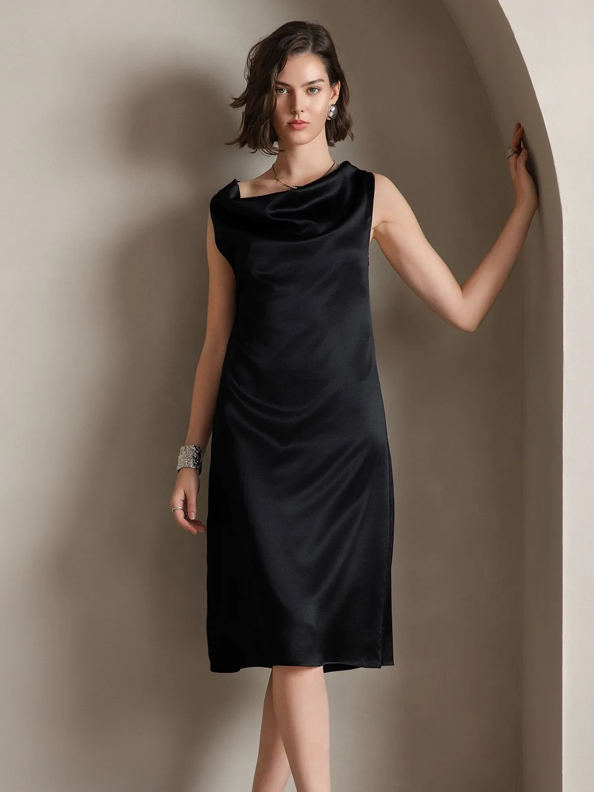 19Momme Silk Elegant Cowl Neck Sleeveless Dress