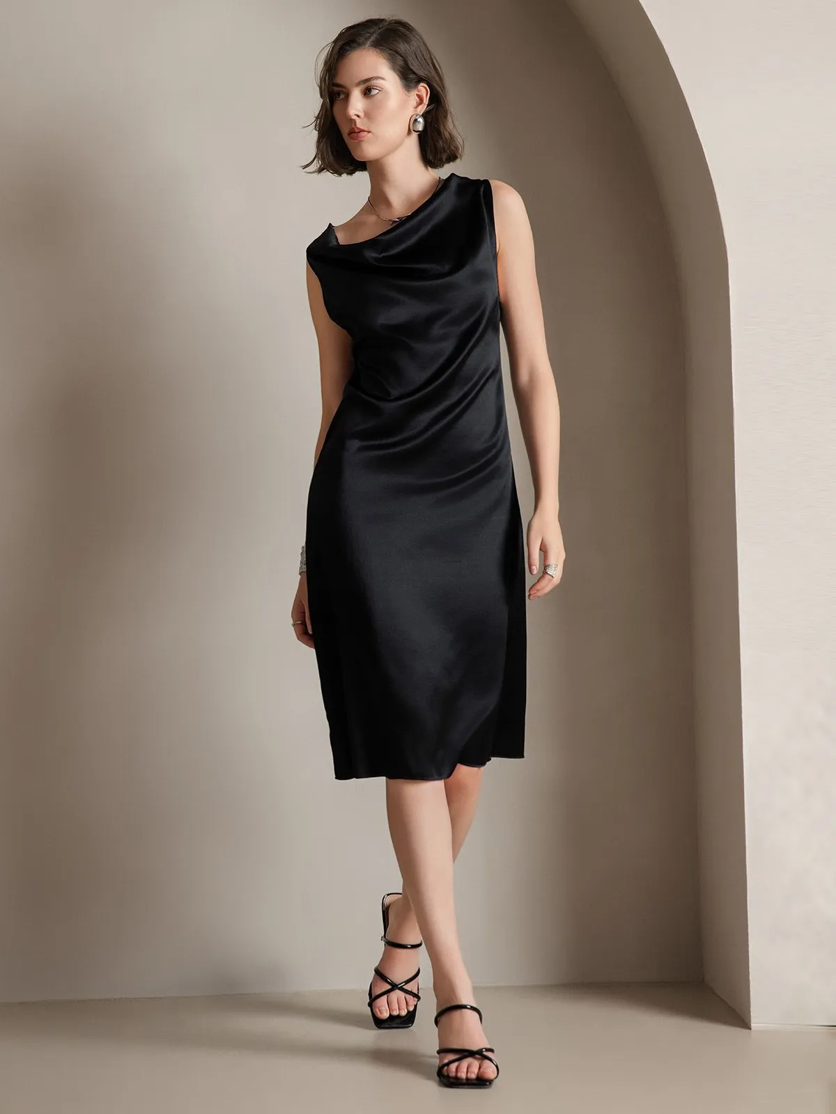 19Momme Silk Elegant Cowl Neck Sleeveless Dress