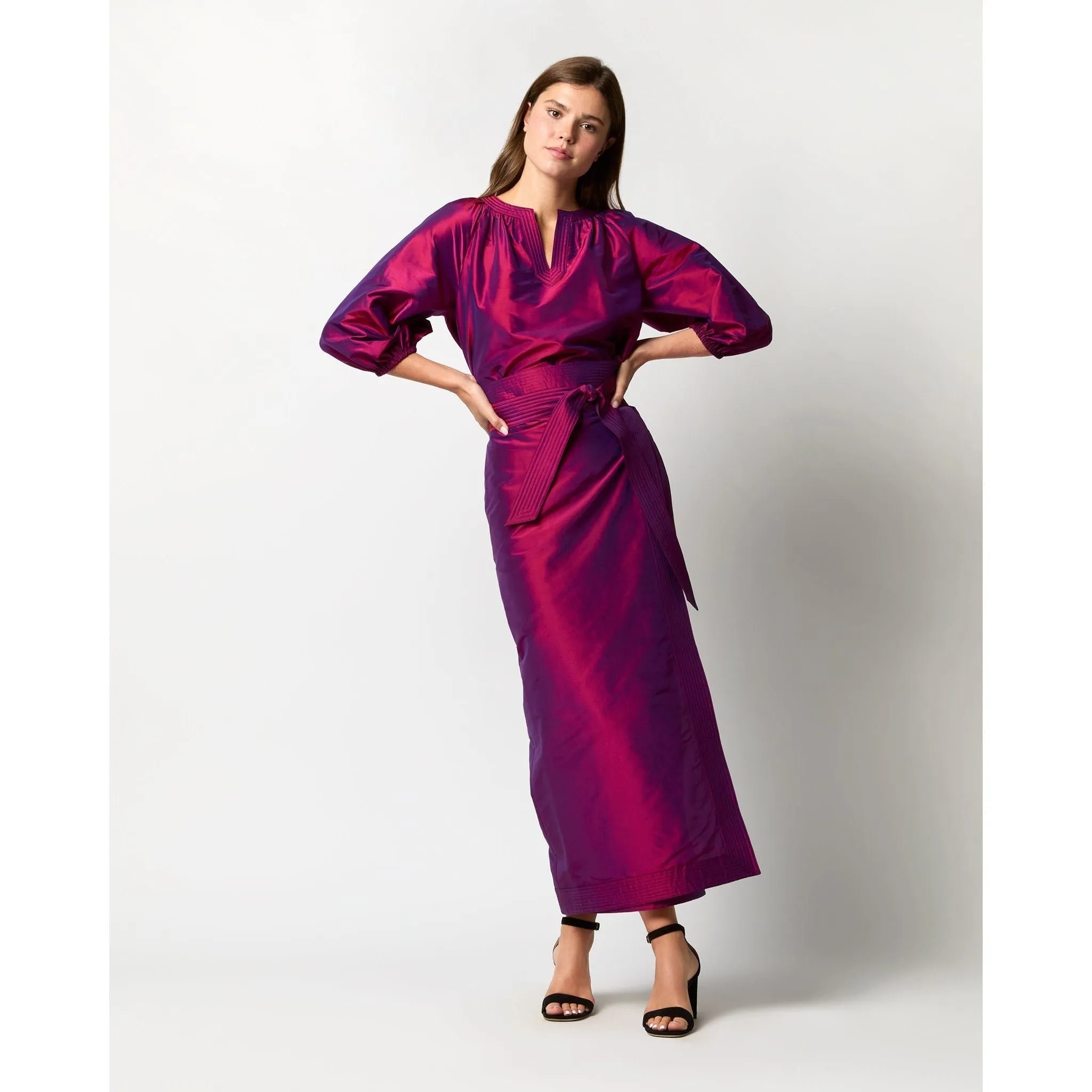 Ann Mashburn Kira Maxi Wrap Skirt Berry Iridescent Silk Shantung