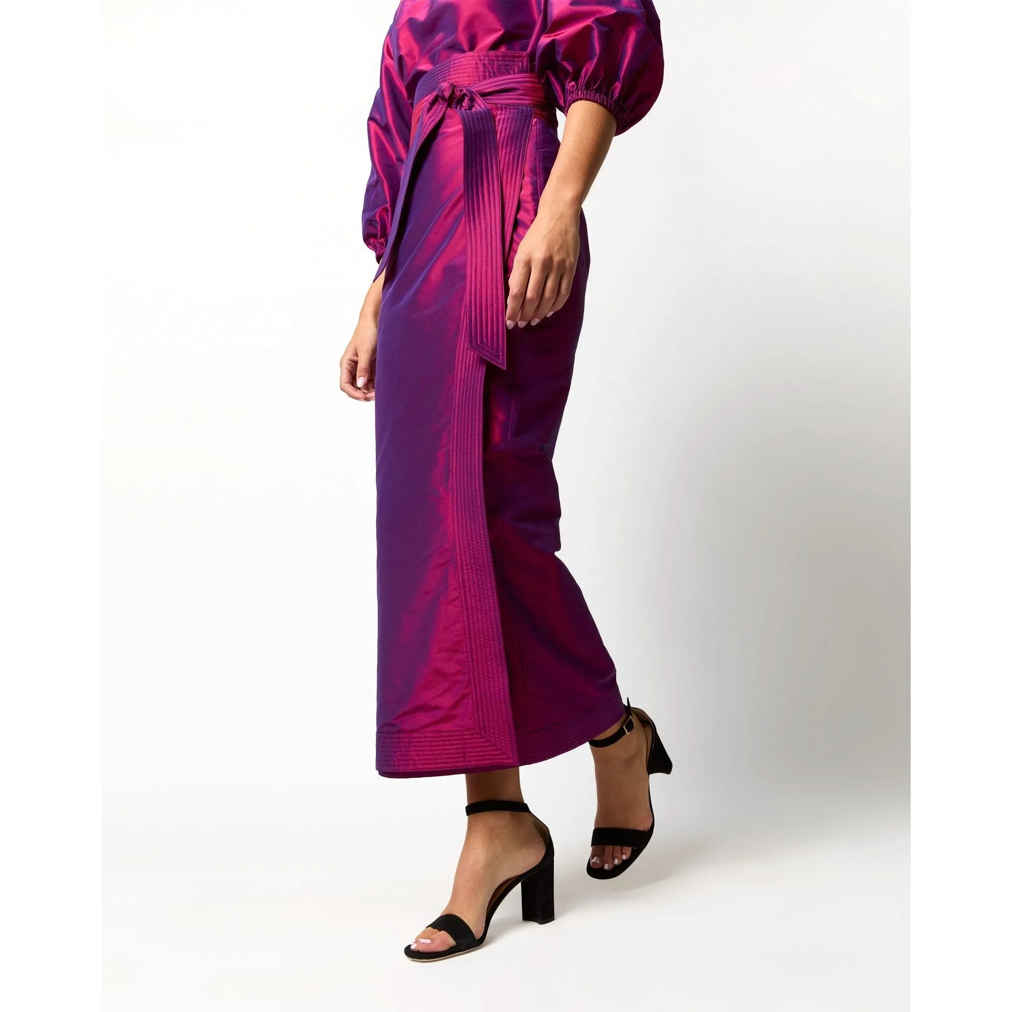 Ann Mashburn Kira Maxi Wrap Skirt Berry Iridescent Silk Shantung