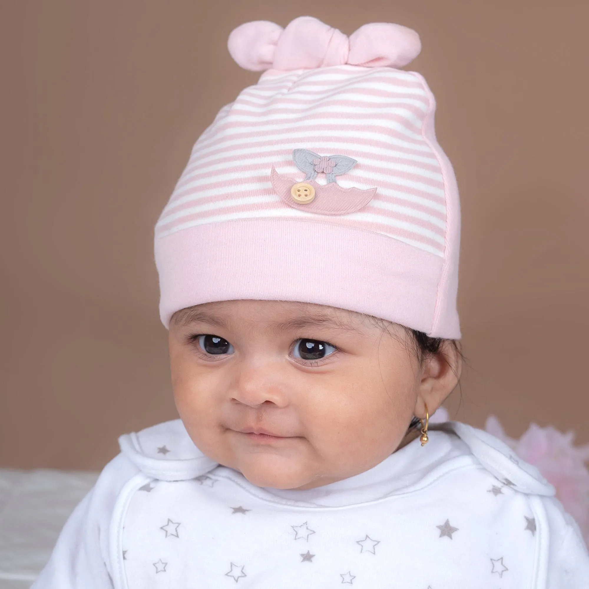 Baby Moo Striped All Season Stretchable Hosiery Warm 3D Beanie Cap - Pink