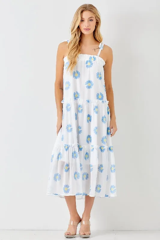 Baevely Blue Flower Midi Dress with Tie Straps