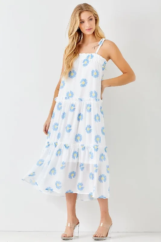 Baevely Blue Flower Midi Dress with Tie Straps