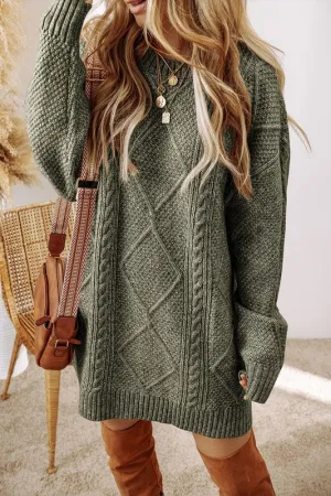 Be Inspired - Green Cable Knit Drop Shoulder Loose Fit Sweater Dress