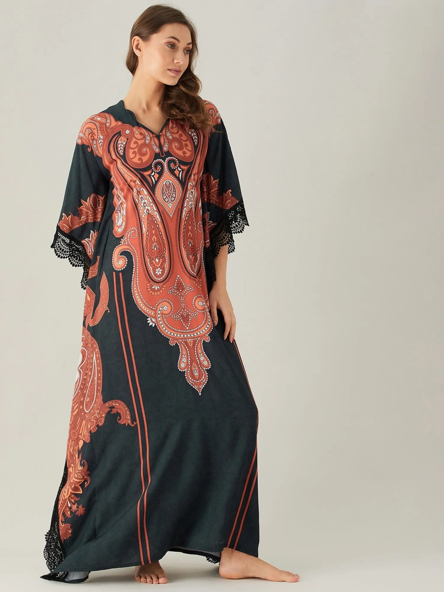 Black Bold Paisley Patterned Loungewear Kaftan