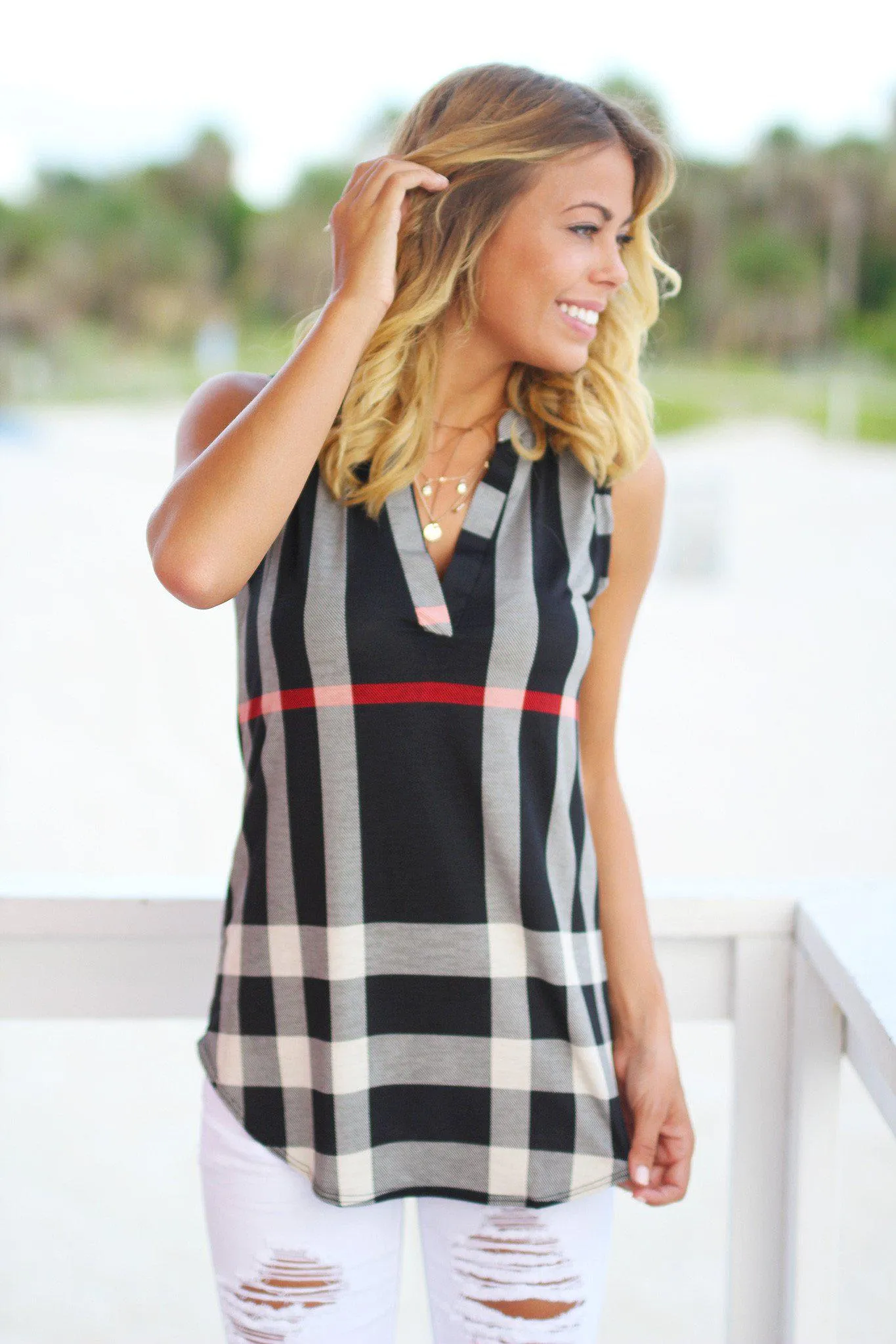 Black Check Print Sleeveless Top