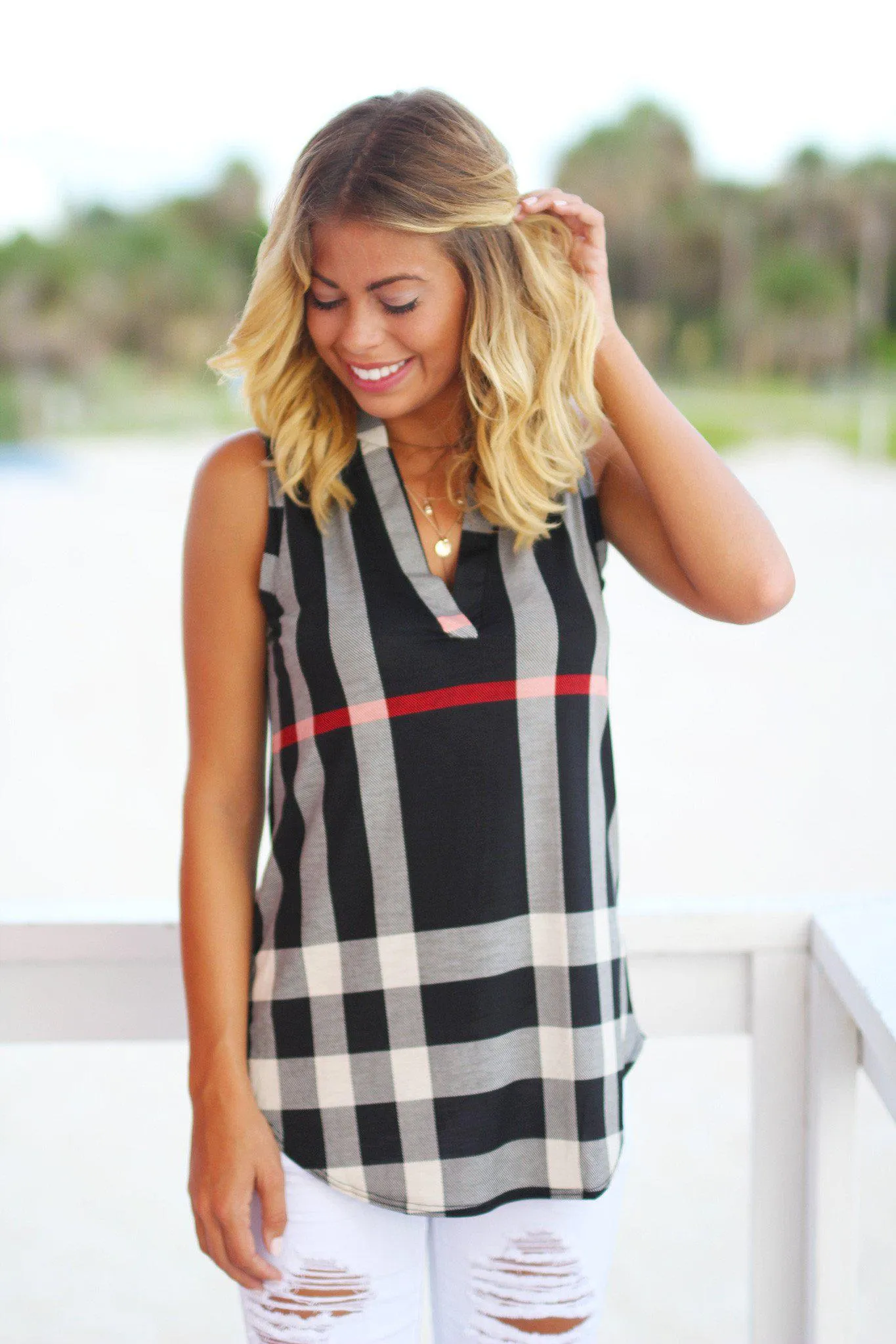 Black Check Print Sleeveless Top