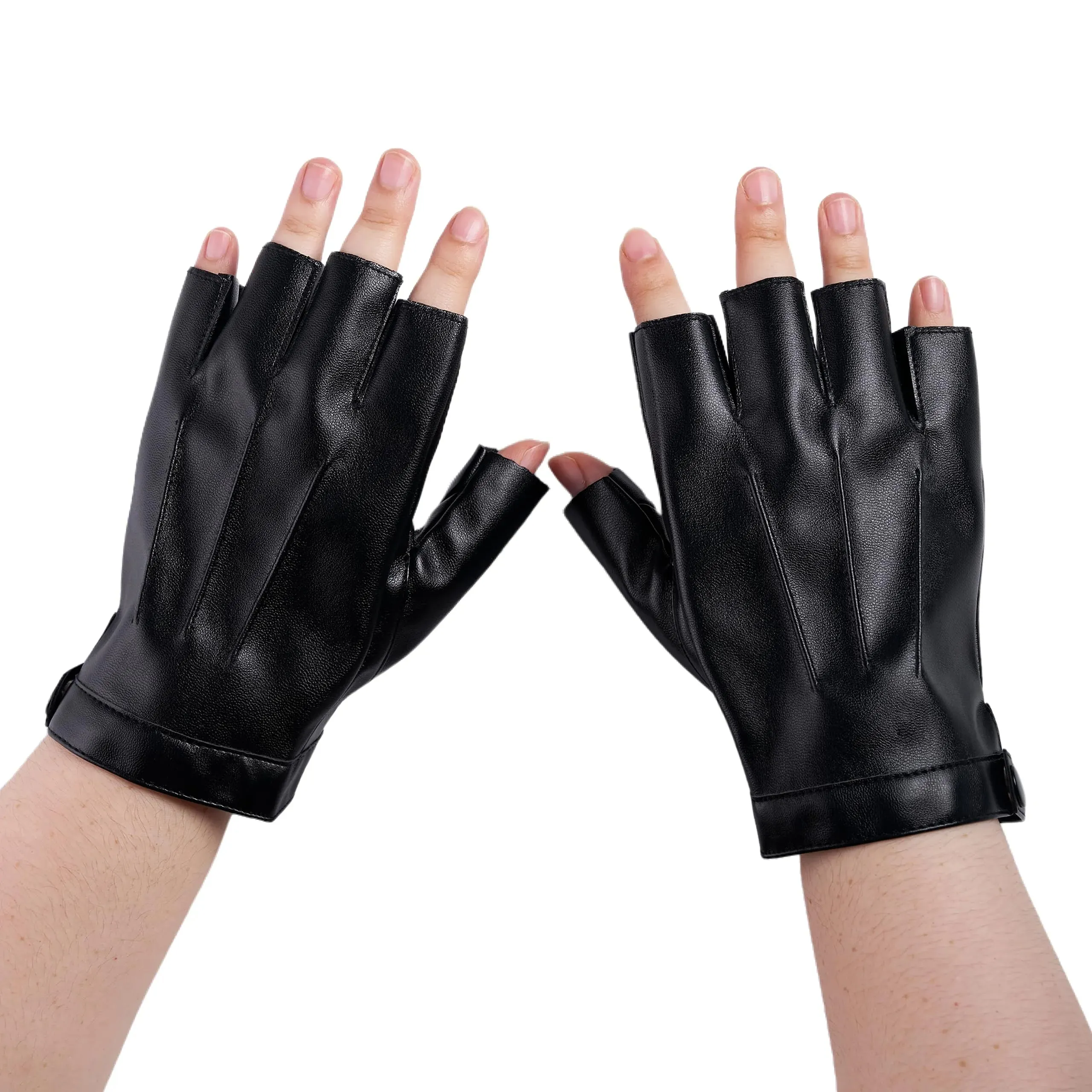 Black Fingerless Driving Gloves, Halloween PU Faux Leather Gloves