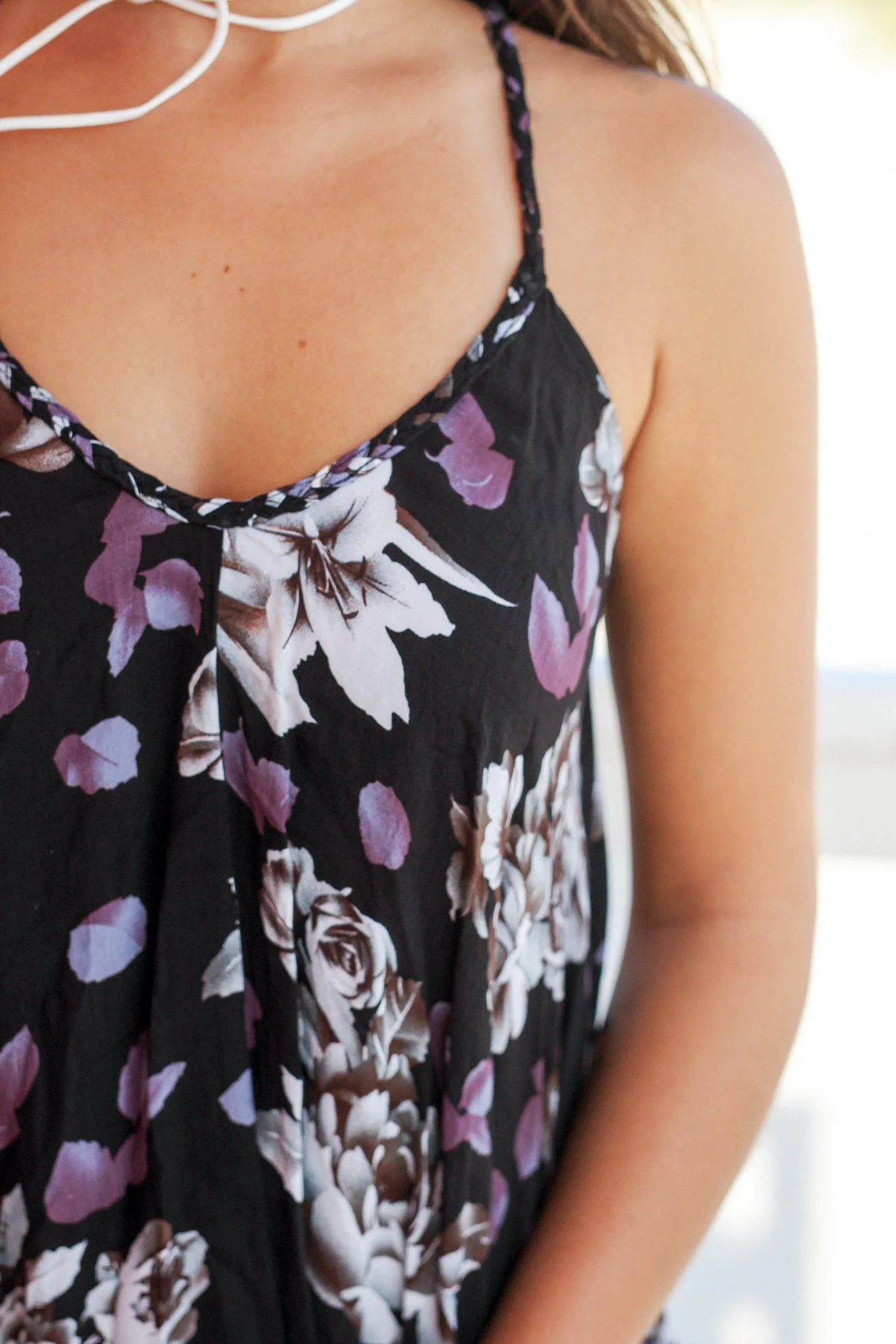 Black Floral Top with Braided Straps