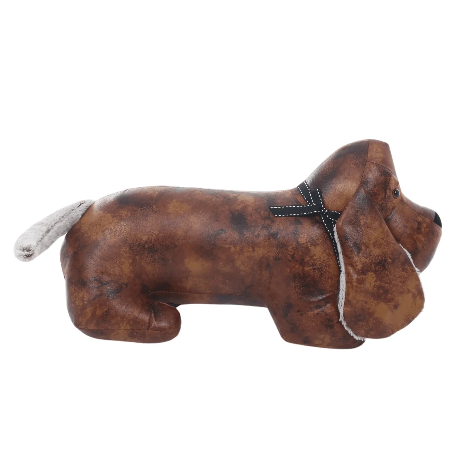 Brown Faux Leather Dachshund Door Stop Bow Plush Ears Tail