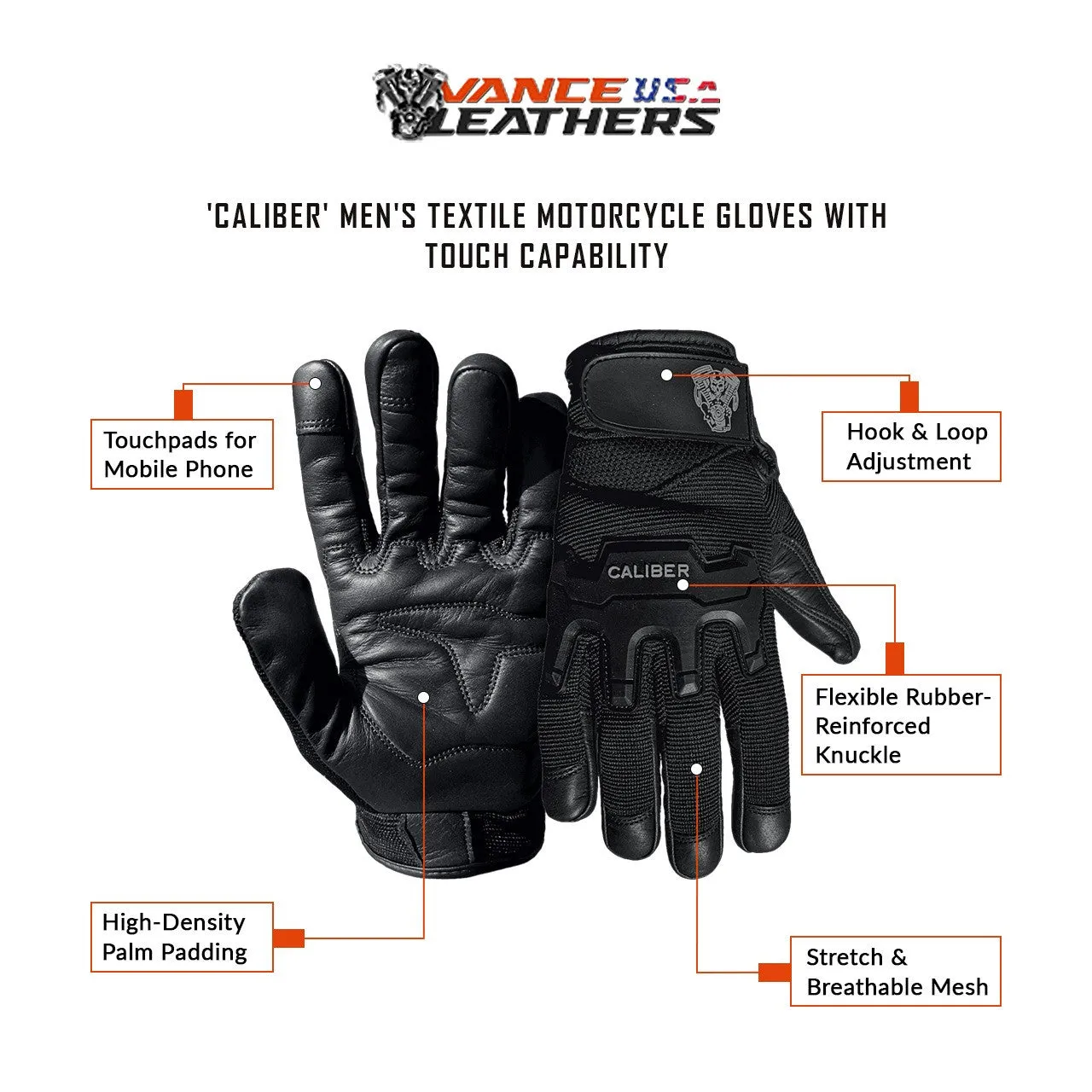 Caliber Men's Textile Motorcycle Gloves with Touch Capability