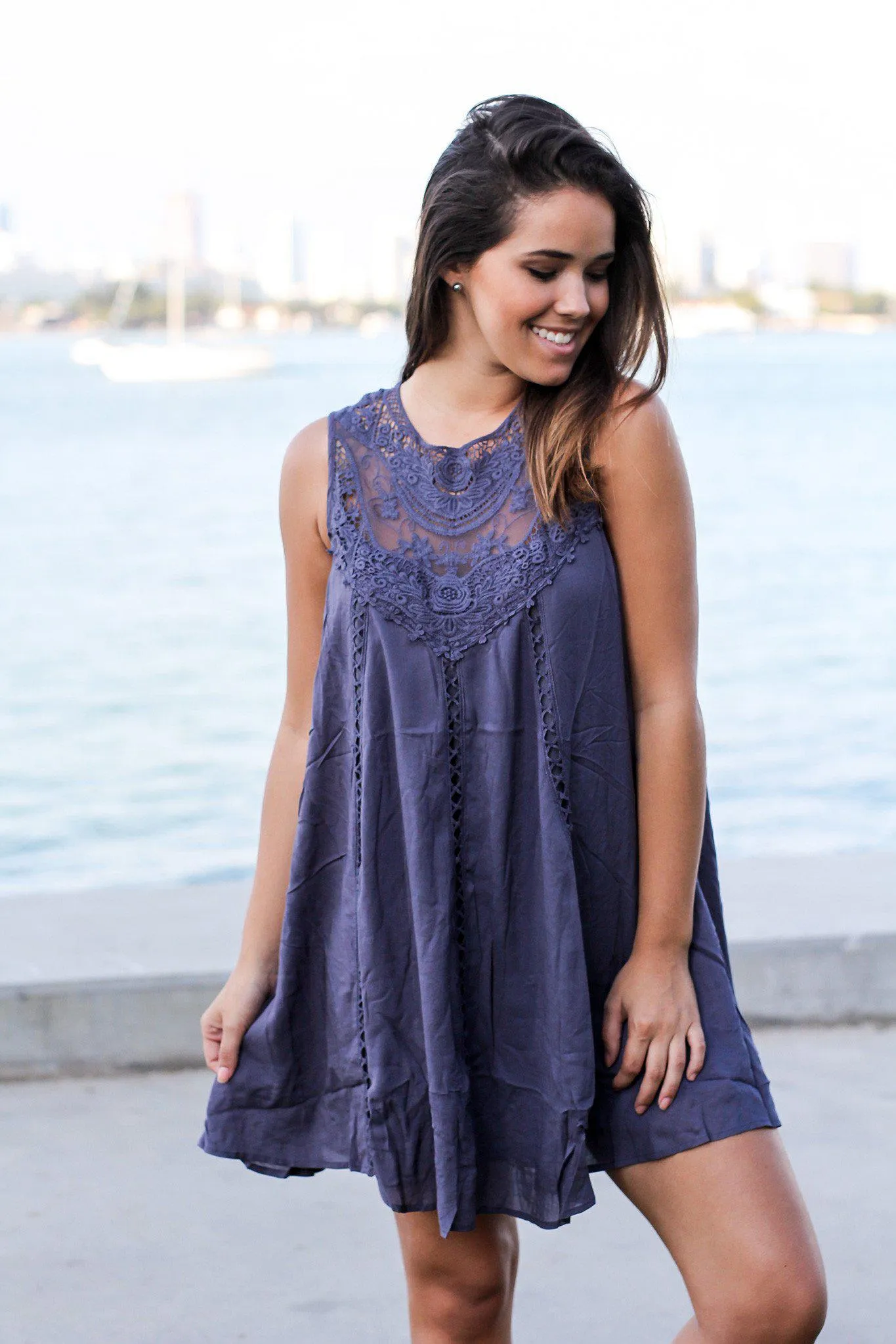 Charcoal Short Dress with Lace Top