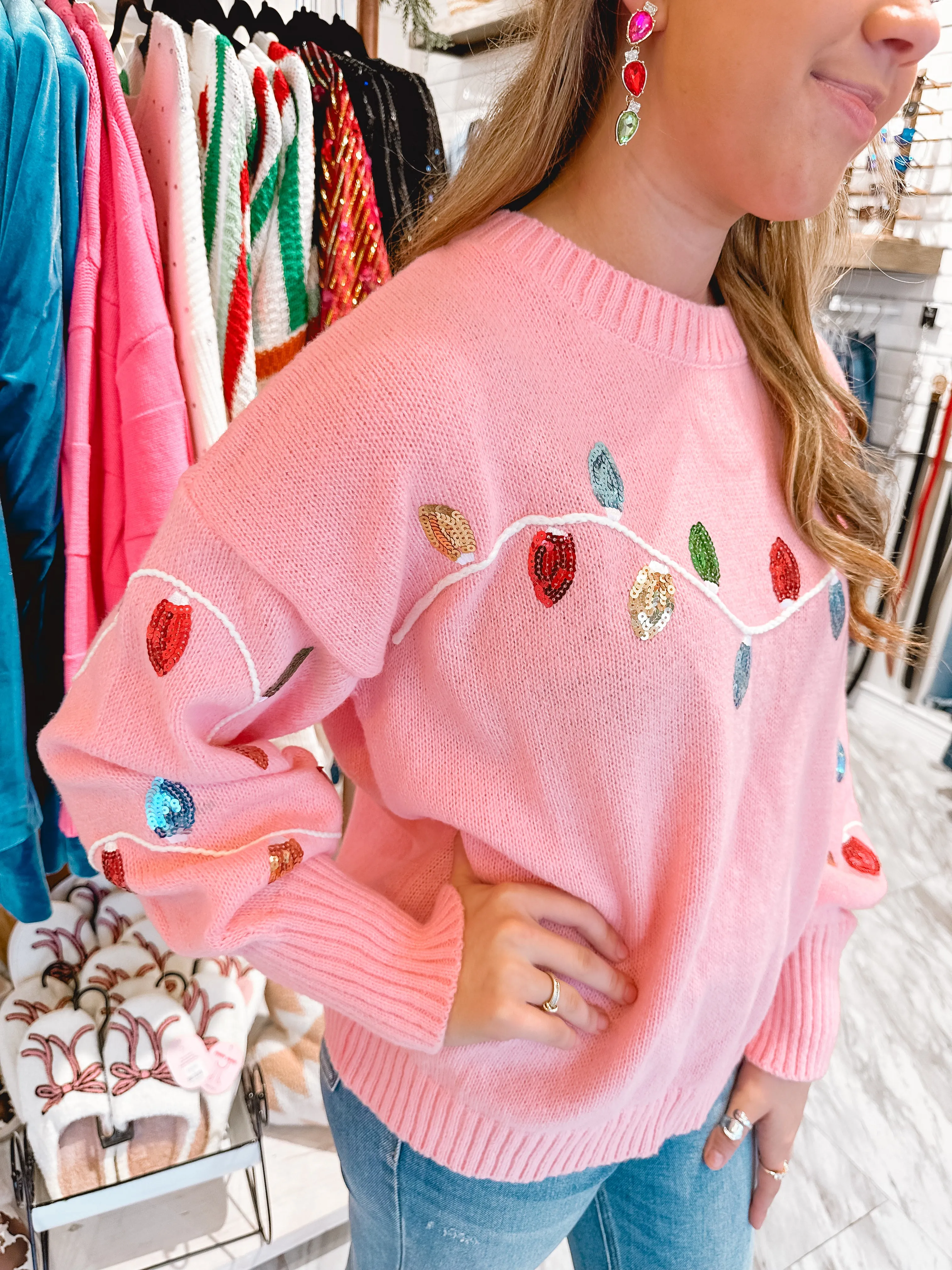 Cheerful Pink Christmas Light Sequin Sweater