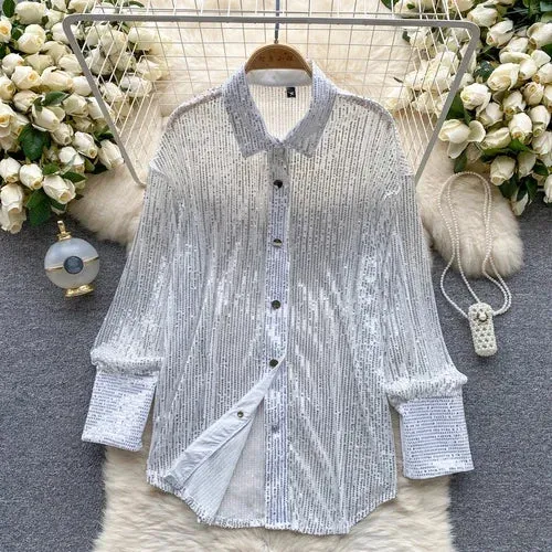 Chic Lapel Sequin Slim Shirt