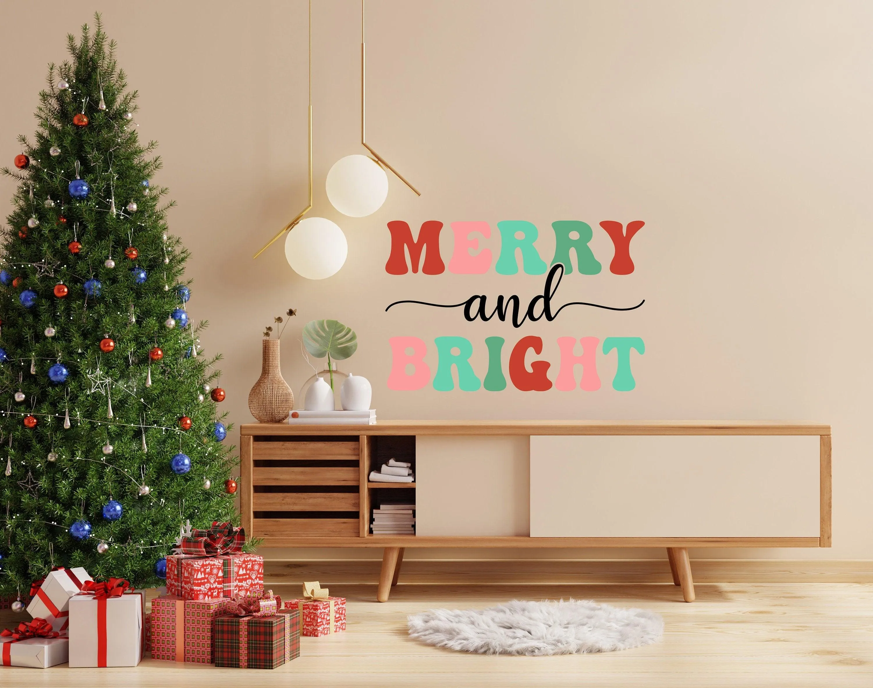 Christmas Wreath Wall Decal - Lights Ornaments Decor Sticker - Festive Wall Art Mural