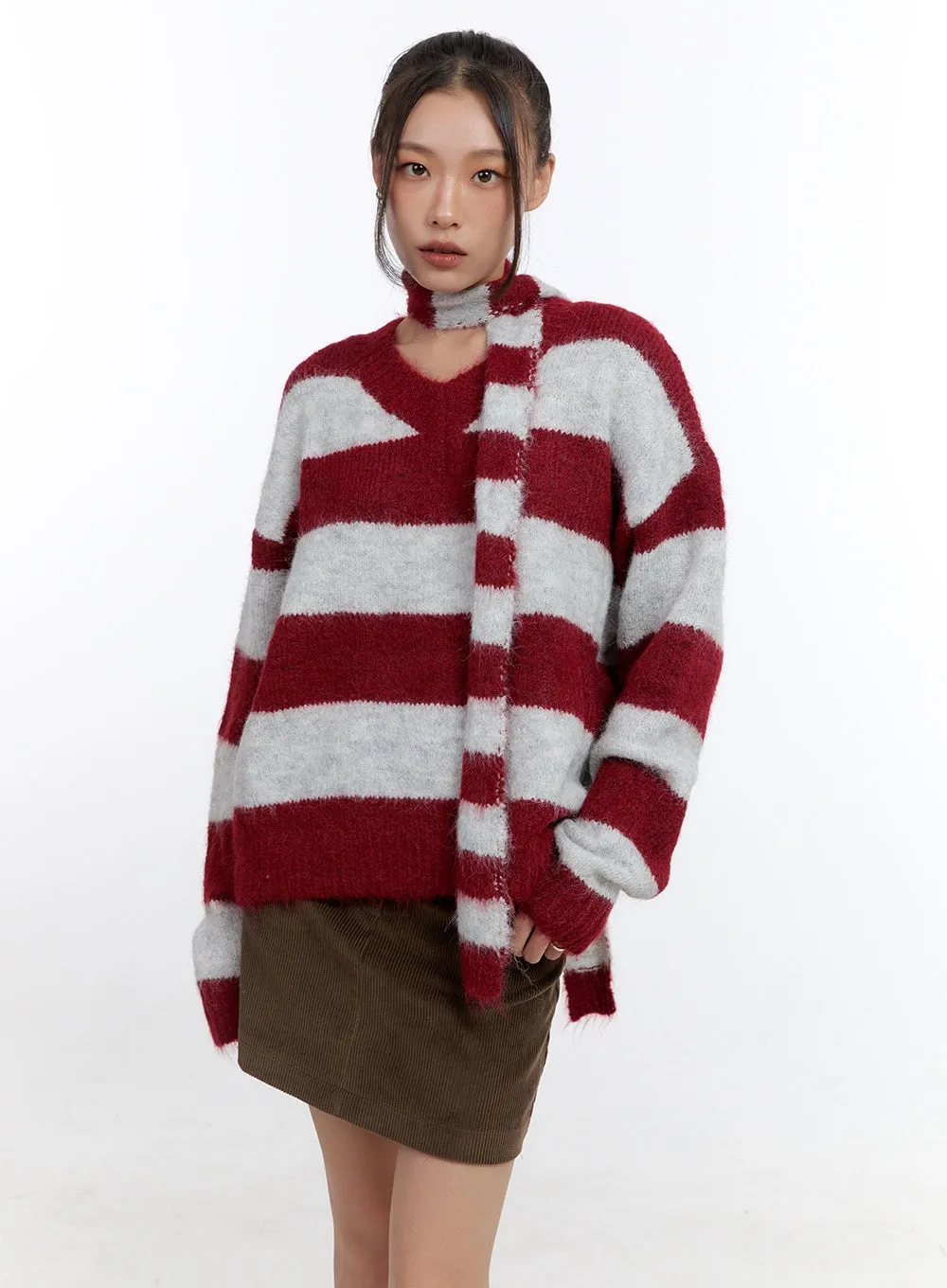 Comfy Striped V-Neck Sweater with Muffler CN401