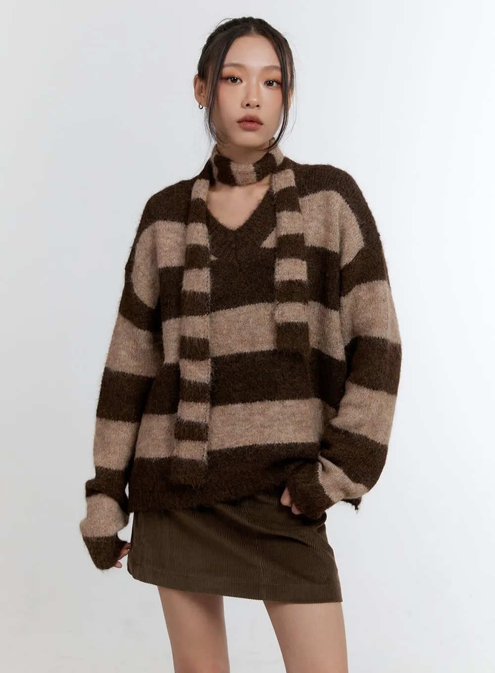 Comfy Striped V-Neck Sweater with Muffler CN401