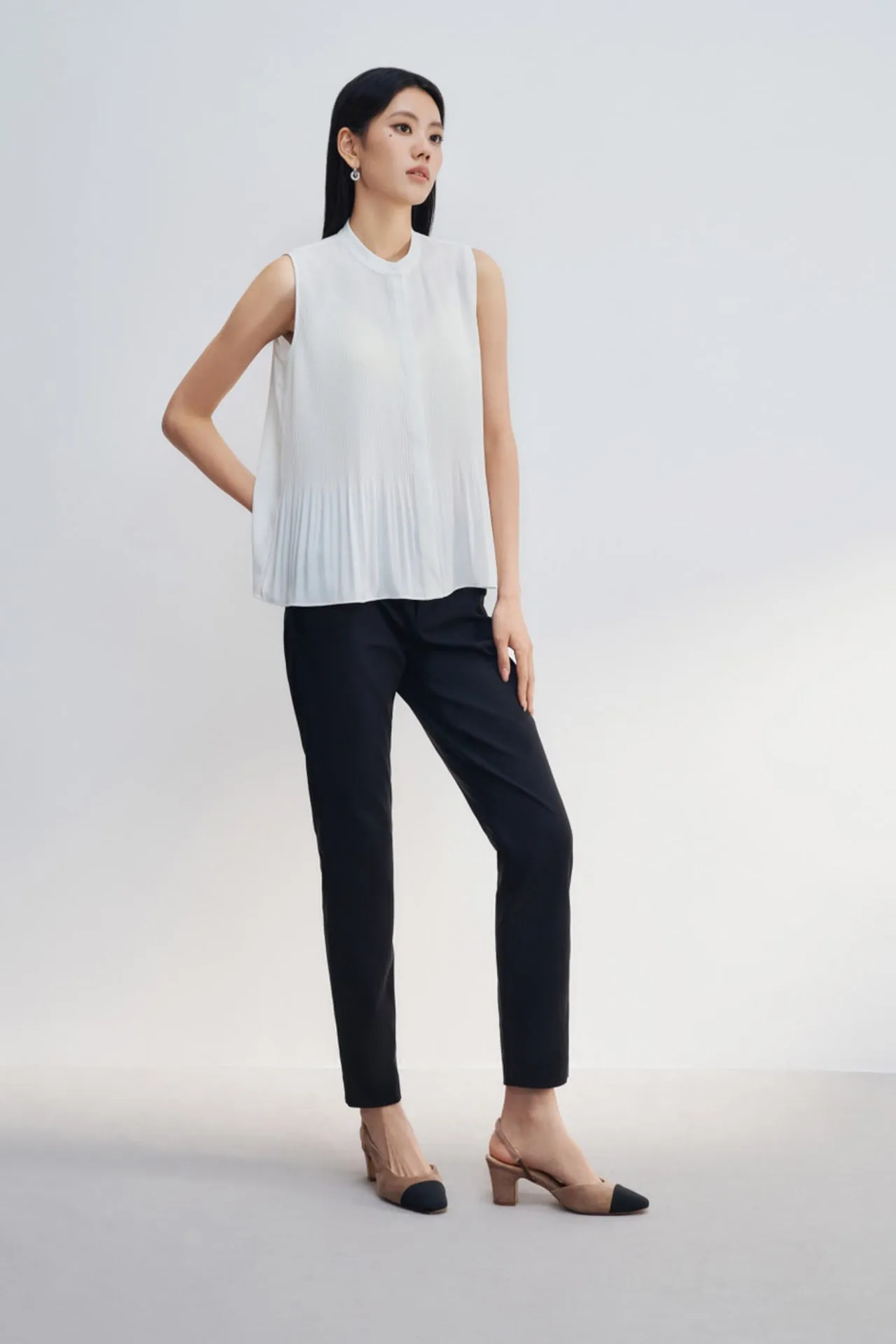 Crepe Pleated Stand Collar Blouse