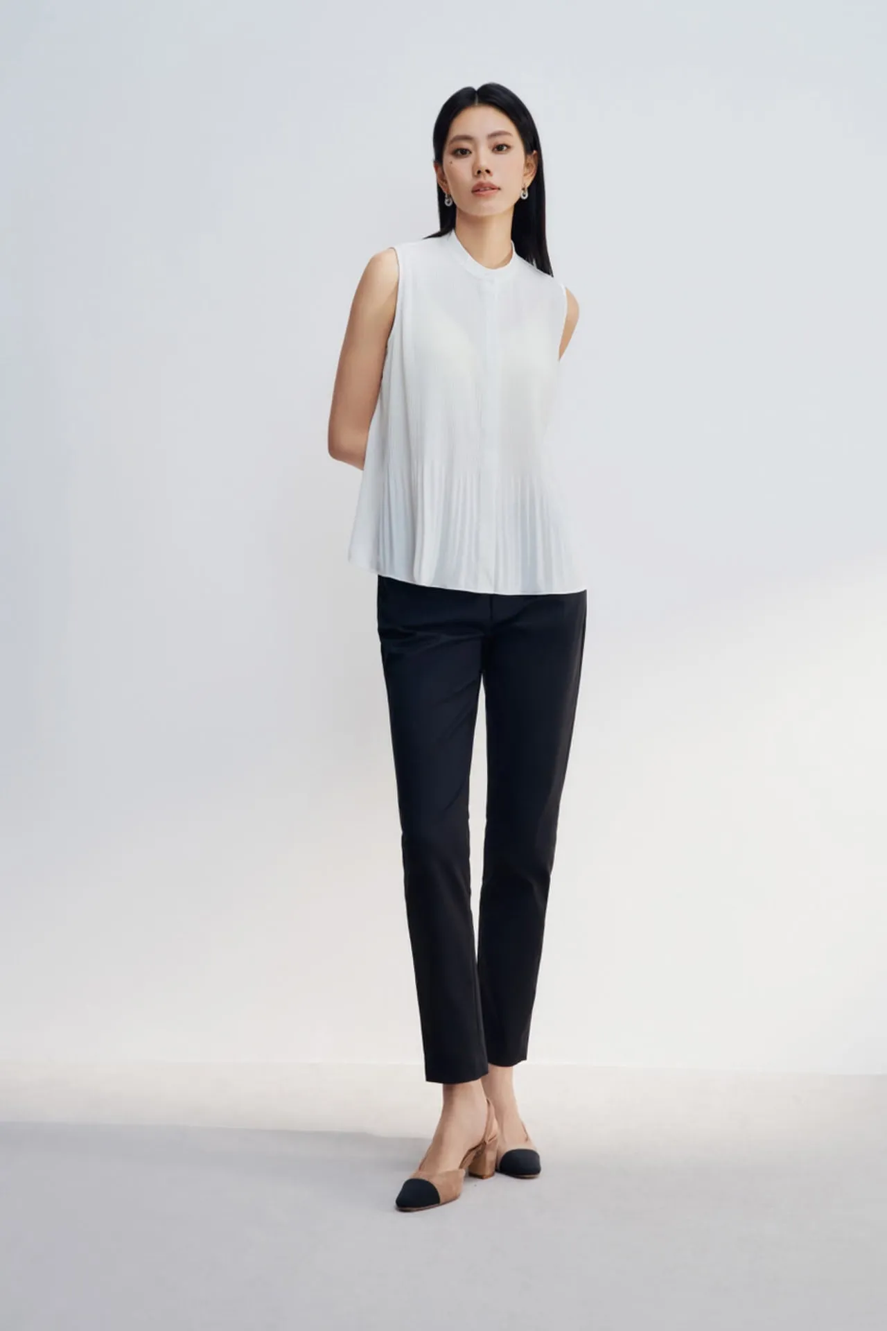 Crepe Pleated Stand Collar Blouse