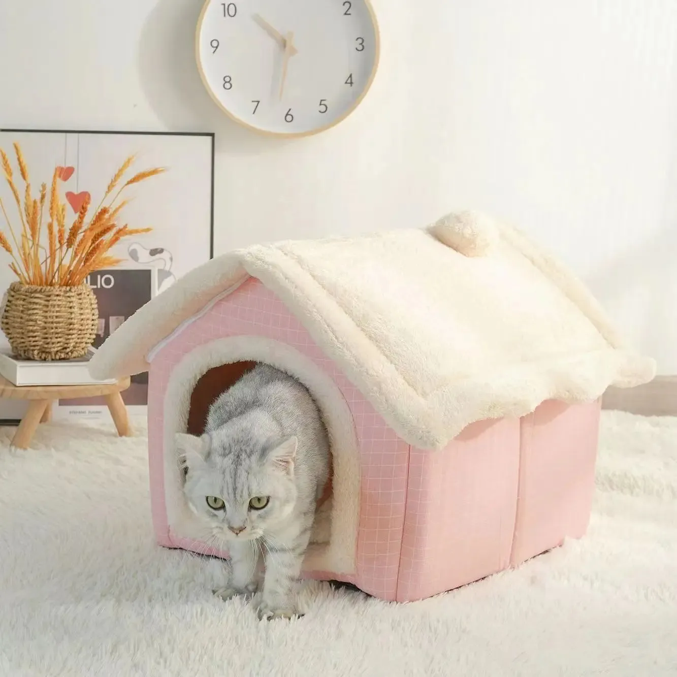 Cute Dog House Bed with Removable Cushion - Soft Coral Fleece Pet Bed for Dogs & Cats, All-Season, Lightweight & Breathable