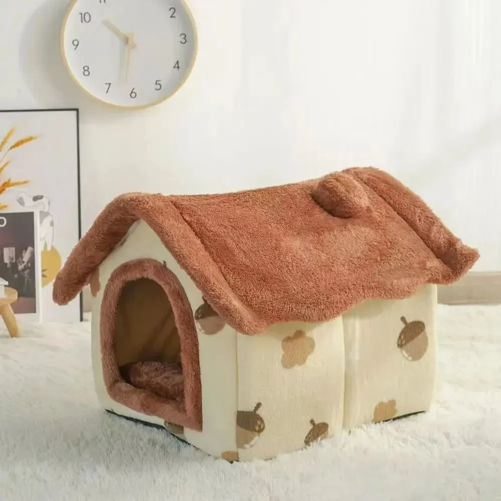 Cute Dog House Bed with Removable Cushion - Soft Coral Fleece Pet Bed for Dogs & Cats, All-Season, Lightweight & Breathable