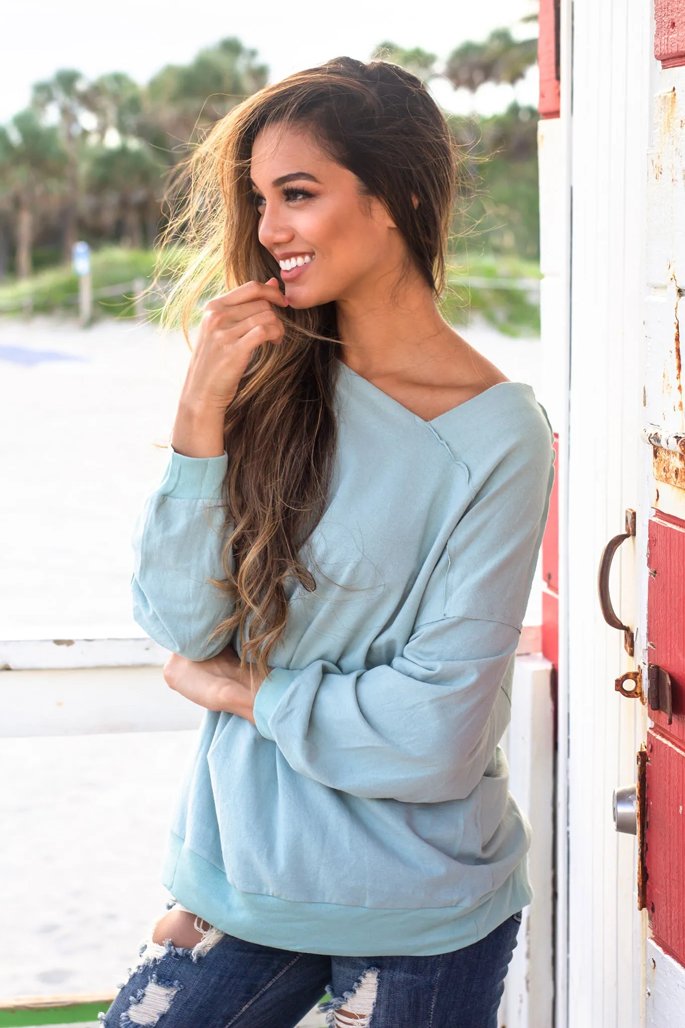 Dusty Mint Long Sleeve Top with Asymmetrical Neckline