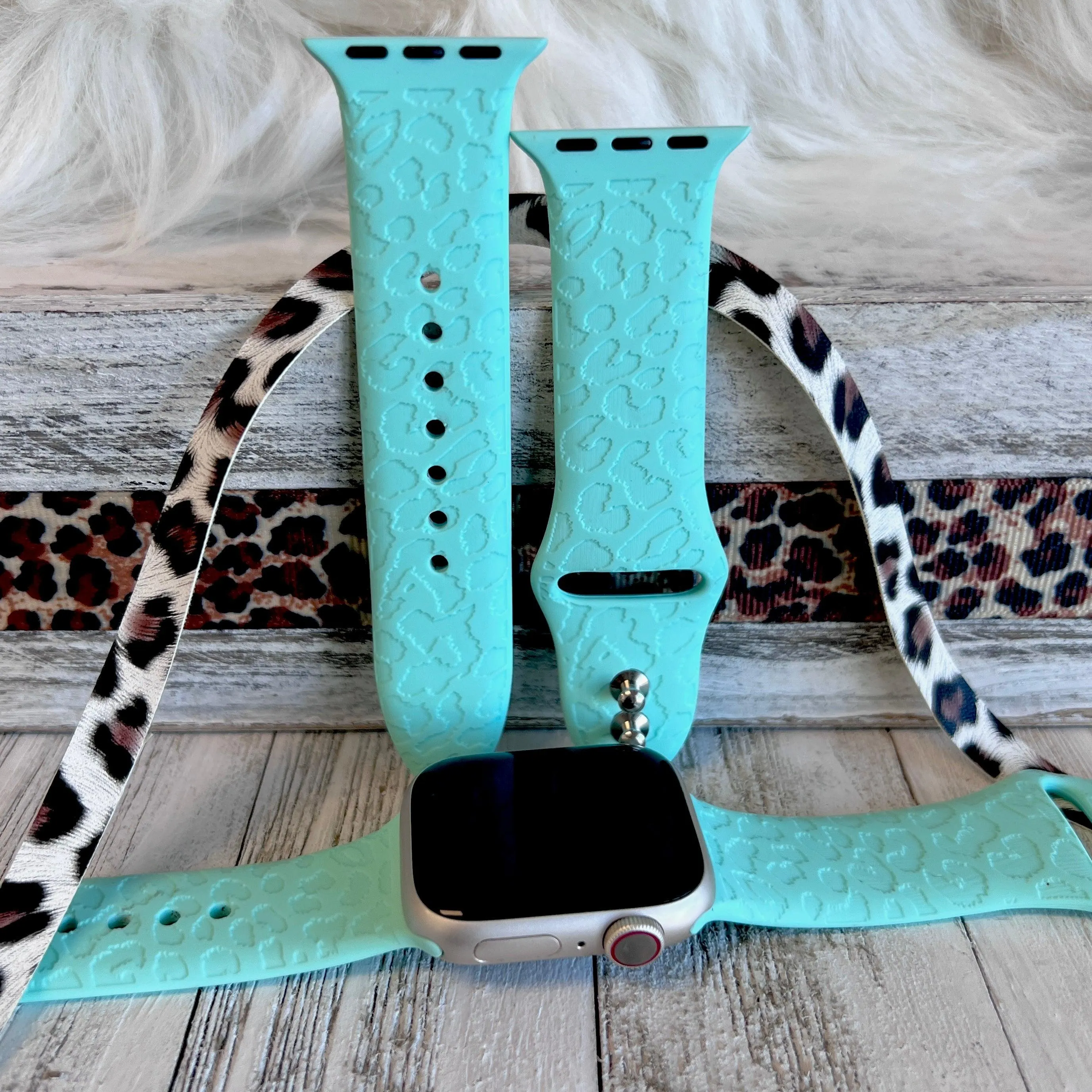 Engraved Mint Green Leopard Silicone Band For Apple Watch