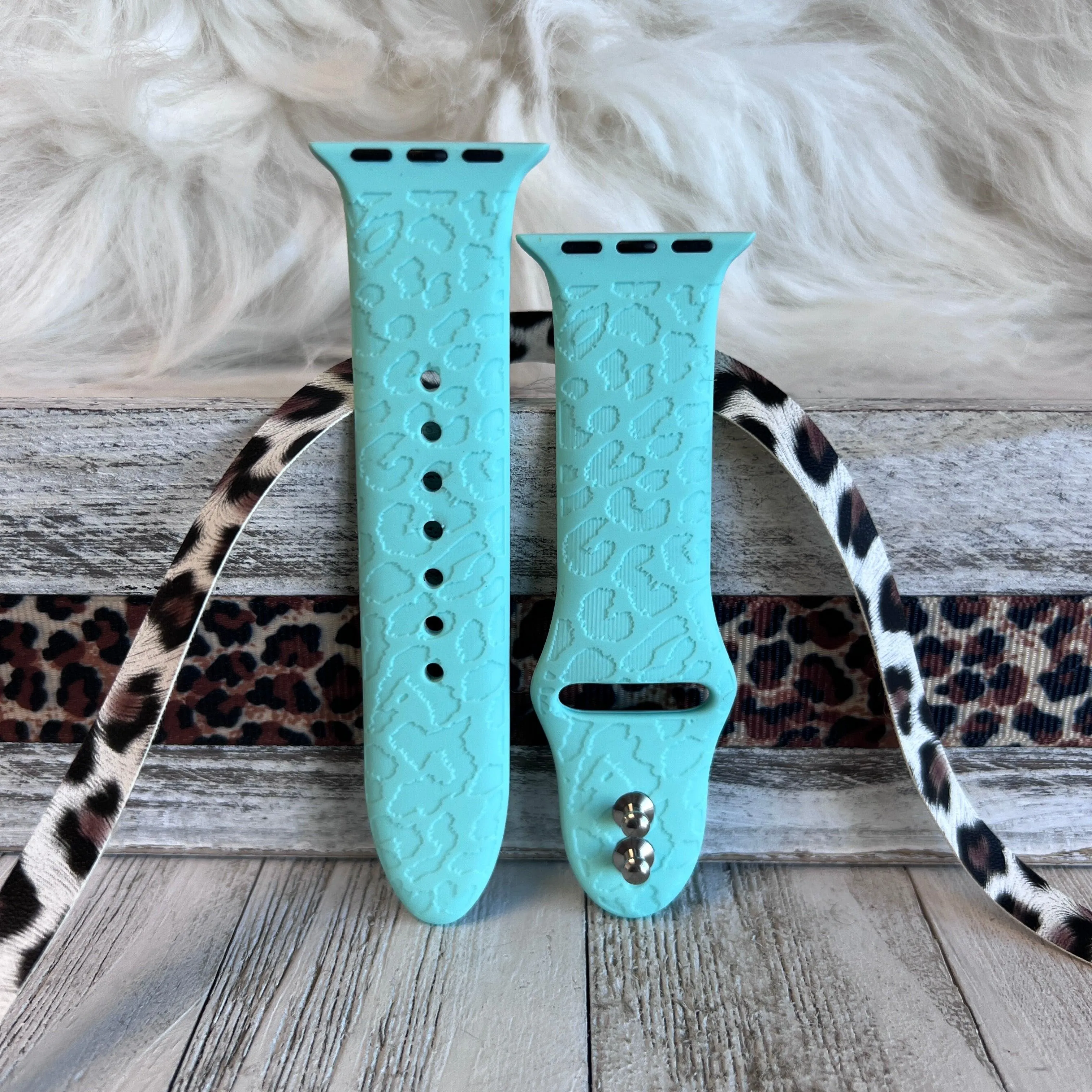 Engraved Mint Green Leopard Silicone Band For Apple Watch