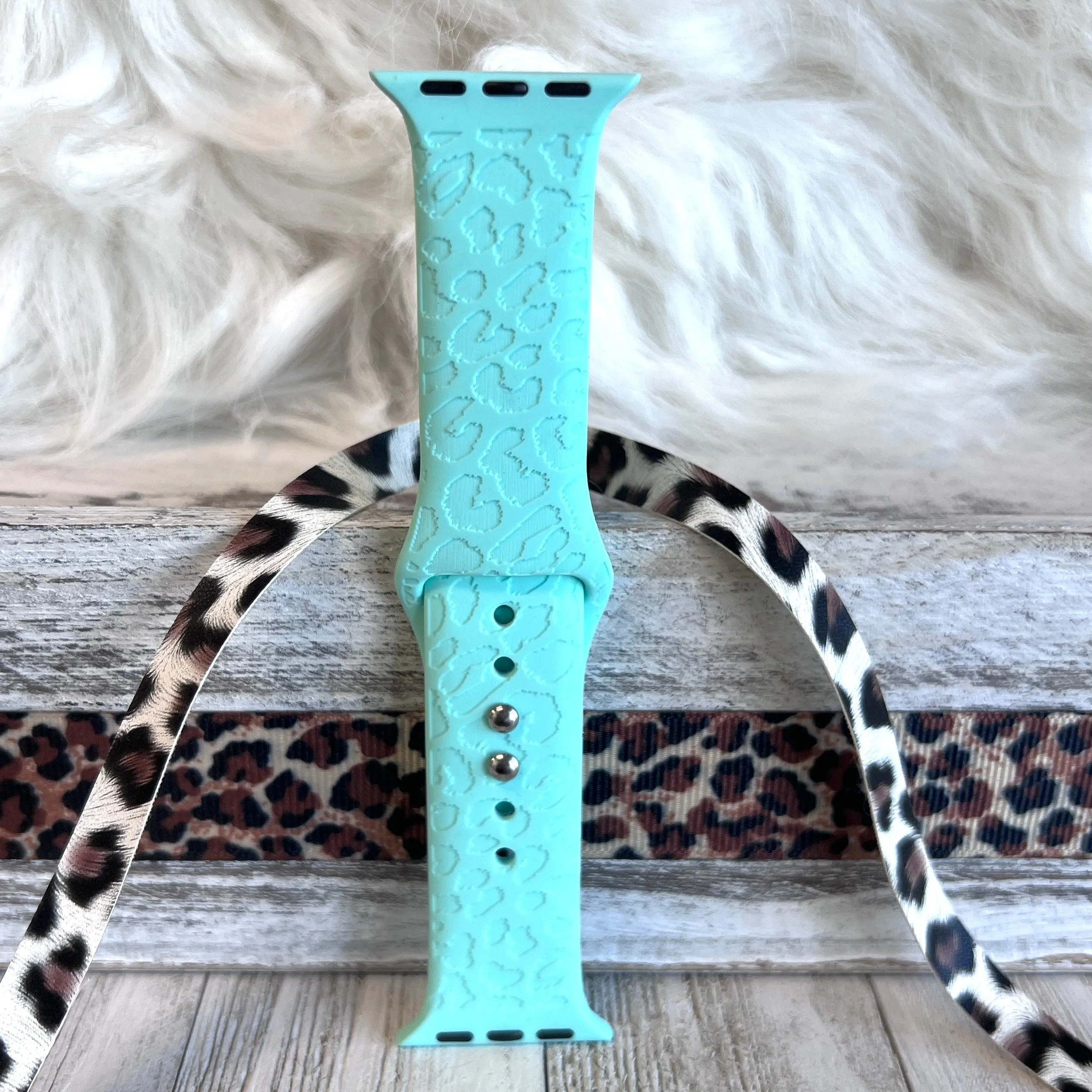 Engraved Mint Green Leopard Silicone Band For Apple Watch