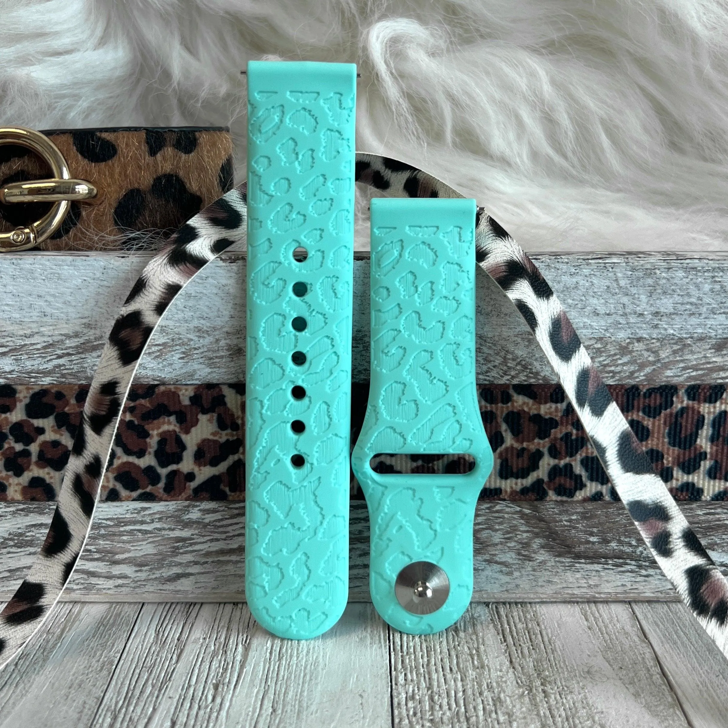 Engraved Mint Green Leopard Silicone Band For Samsung Watch