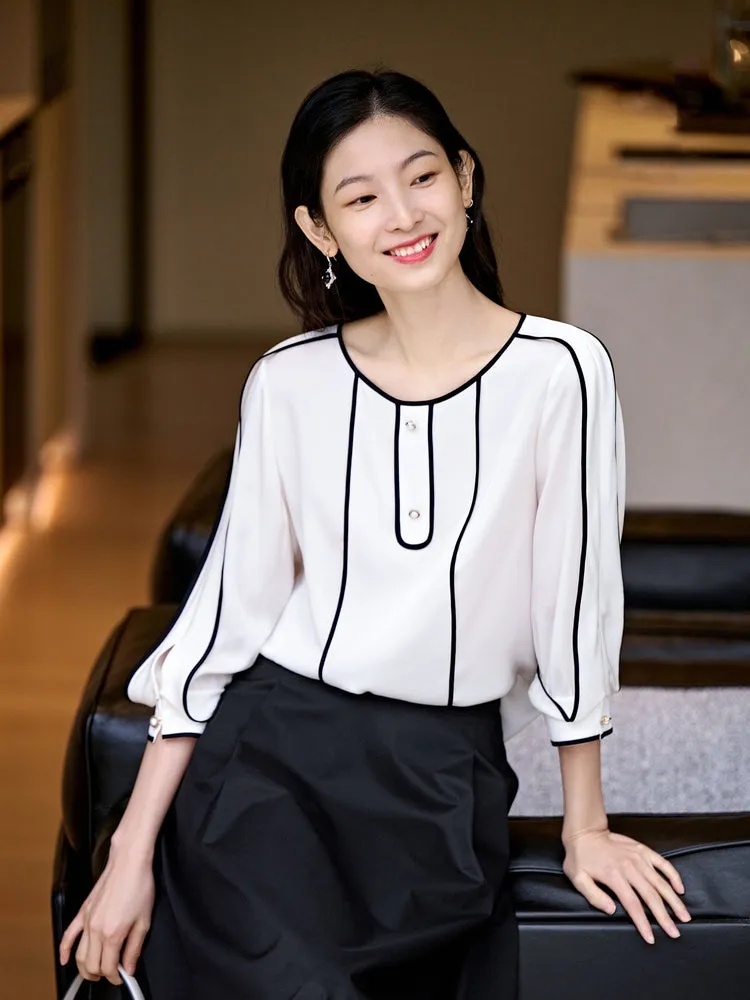 EP YAYING Silk Fashionable Trimmed 3/4 Sleeve Shirt