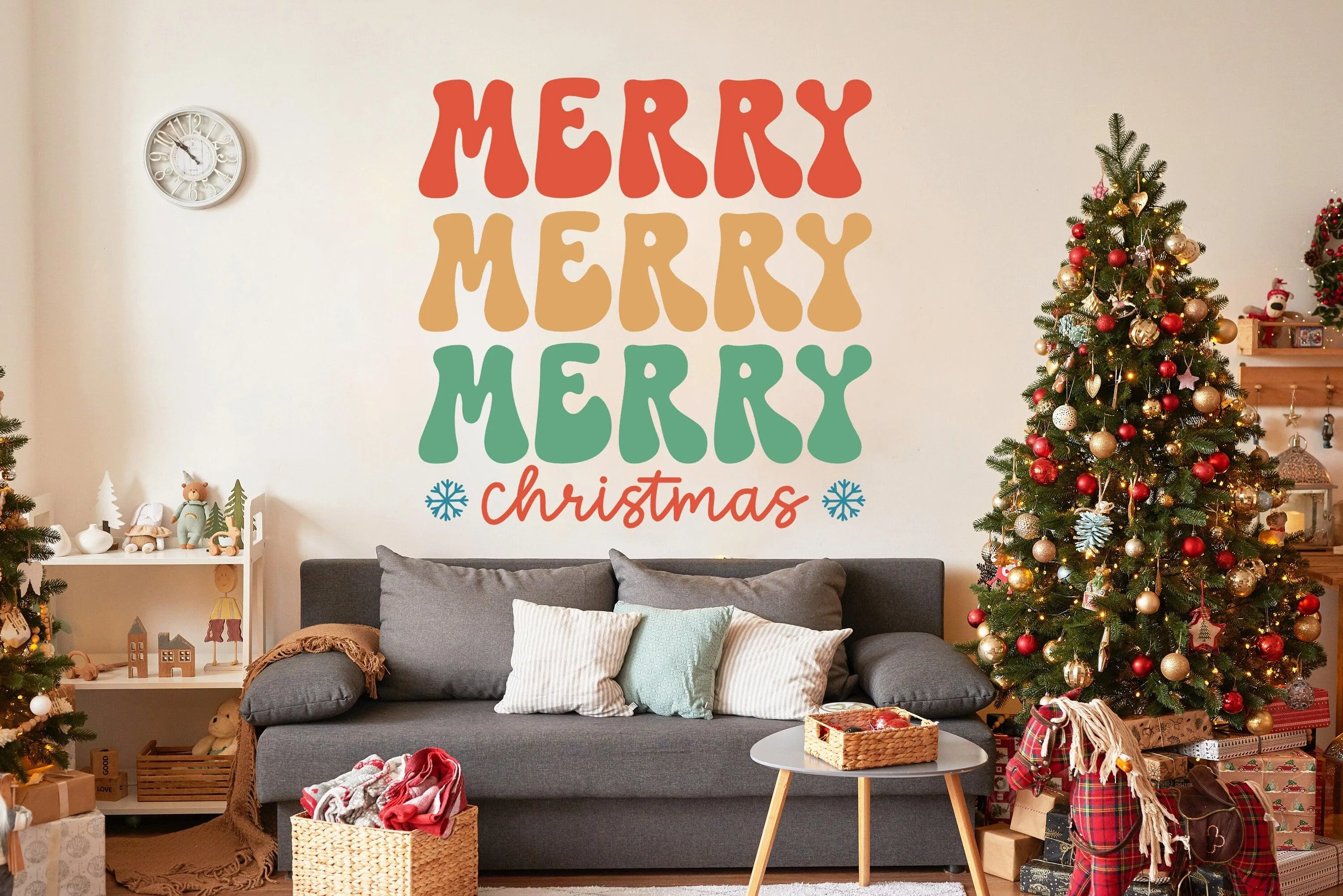 Festive Christmas Quote Wall Vinyl Sticker - "Merry Christmas" Colorful Text Decal Sign