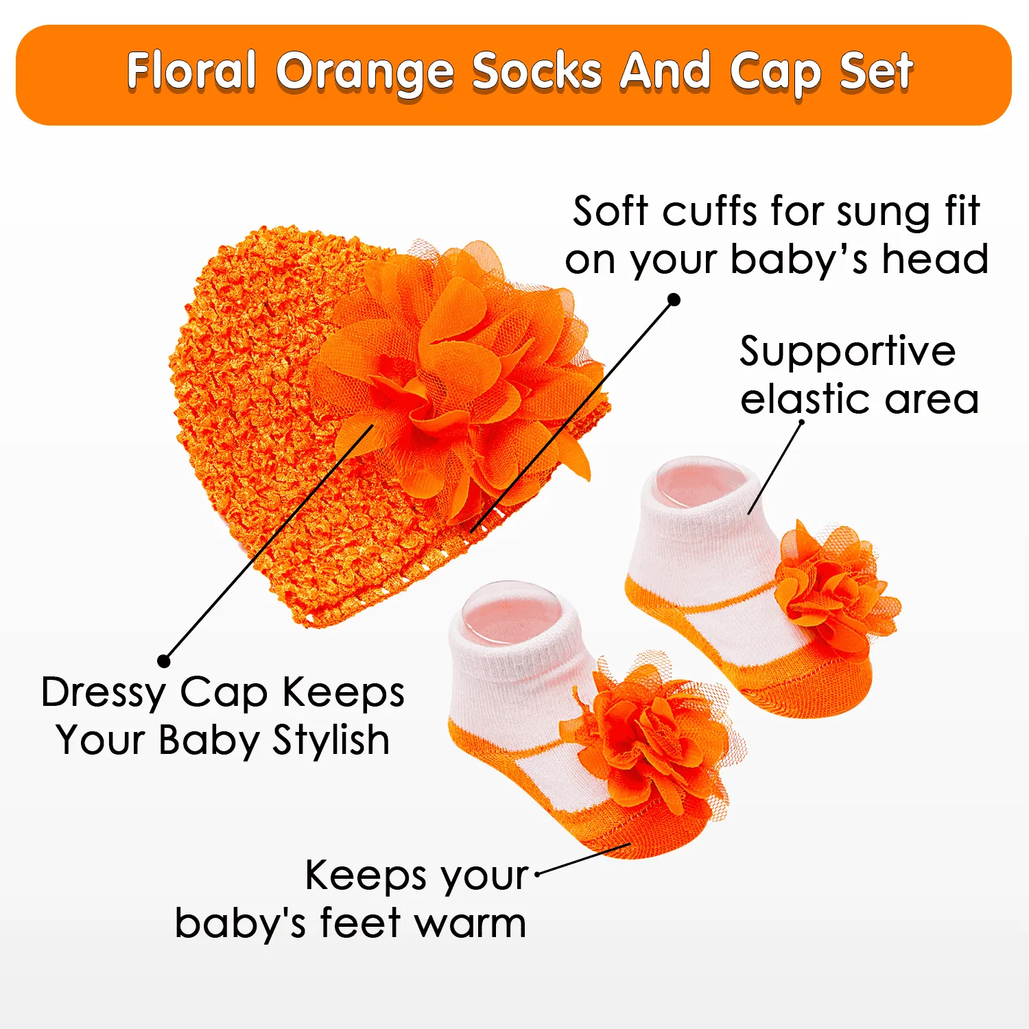 Floral Orange Socks And Cap Set