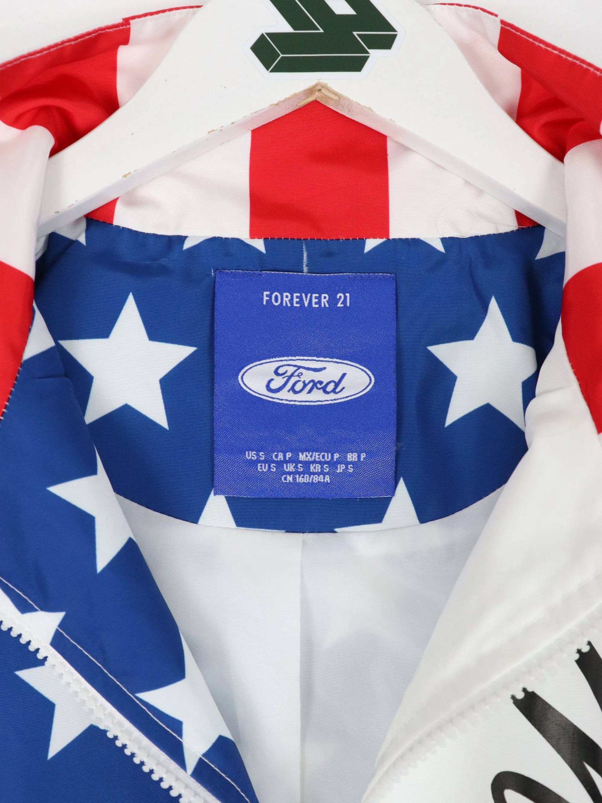 Forever 21 Ford Windbreaker Adult Small White USA Flag Stars Stripes Jacket