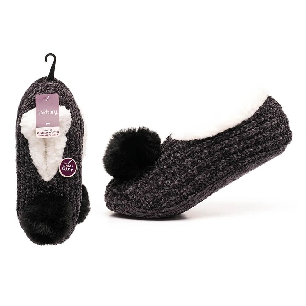 Foxbury Womens Chenille Footies Slippers Socks Sherpa Lining