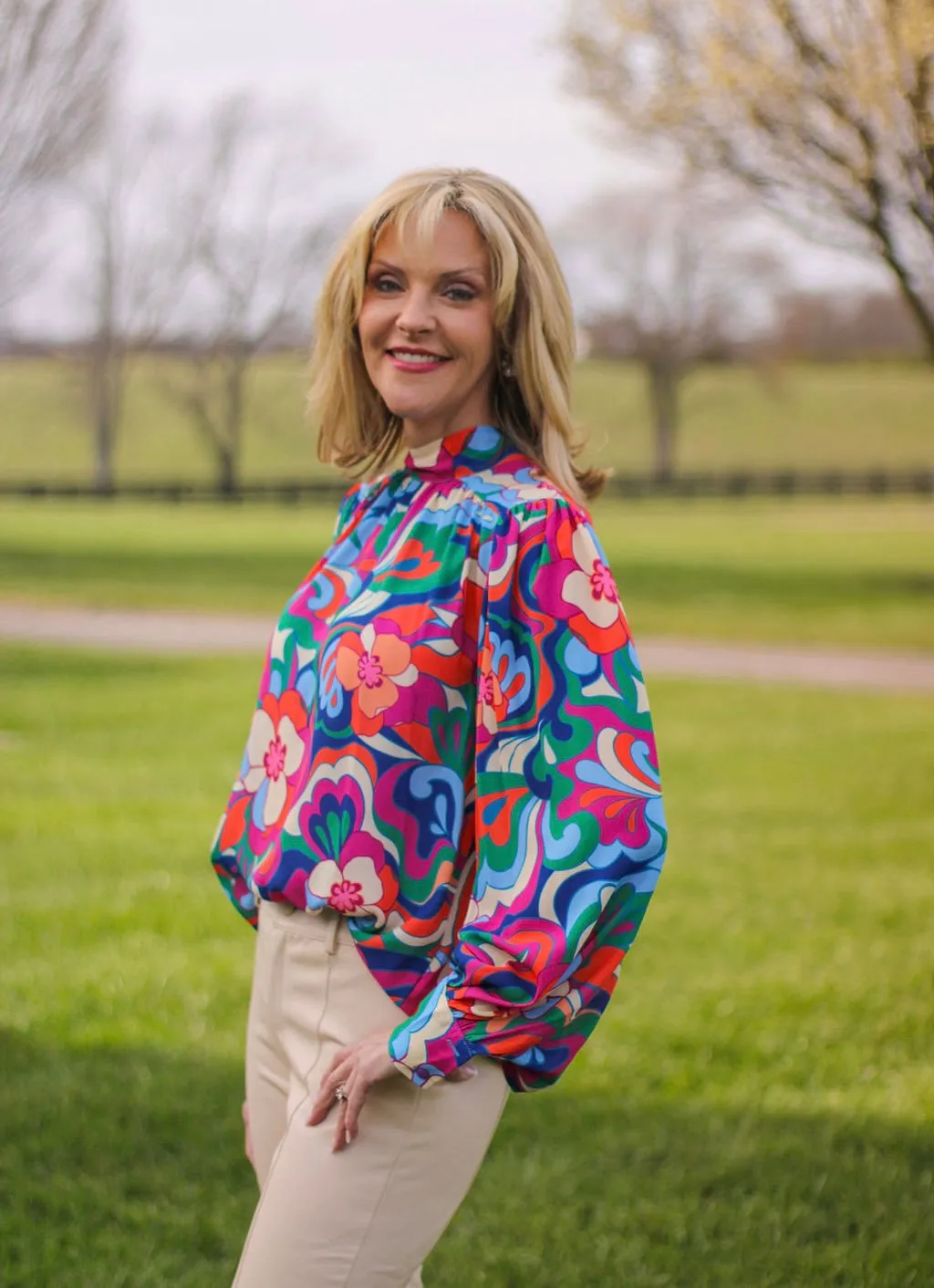 Fuchsia and Navy High Neck Long Sleeve with Cuff