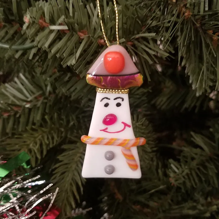 Fused Glass Snowman ornament bauble orange lavendar