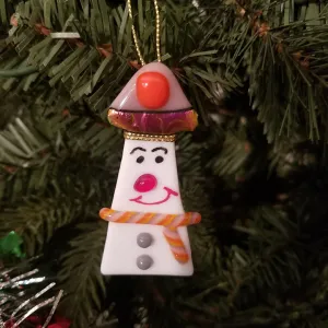 Fused Glass Snowman ornament bauble orange lavendar