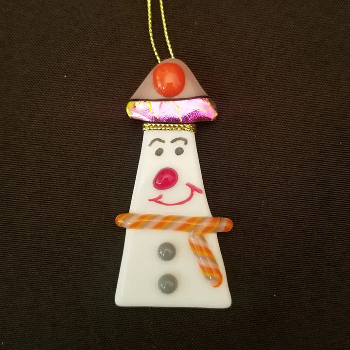 Fused Glass Snowman ornament bauble orange lavendar