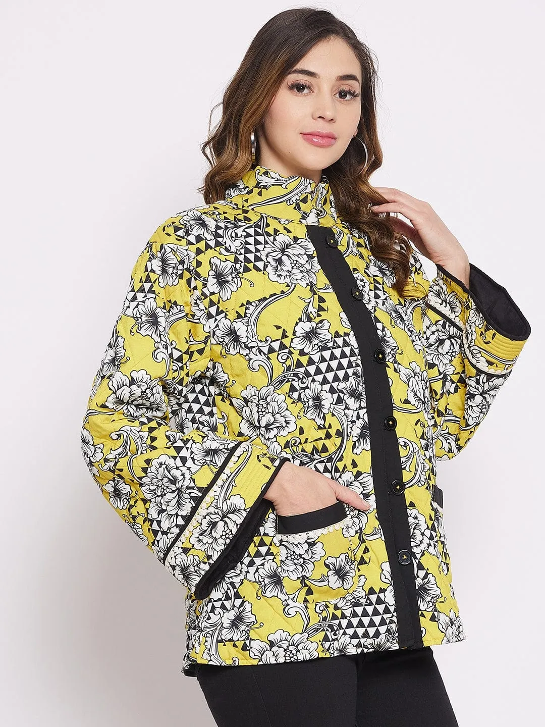 Geometric Floral Mustard Patterned Quilted Crop Jacket