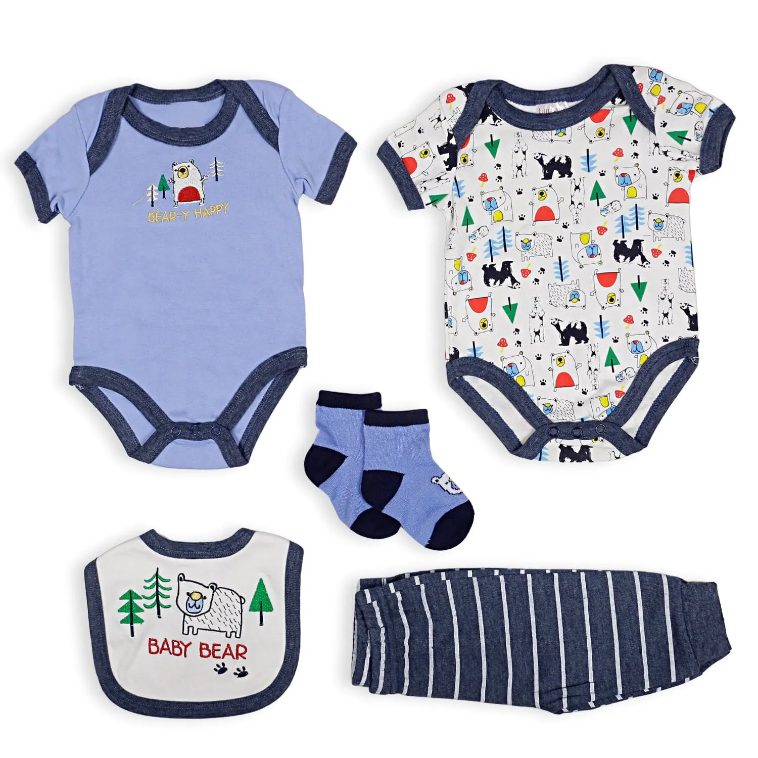 Gift Set Set Of 5 Bib Body Suits Pant And Socks Bear Blue