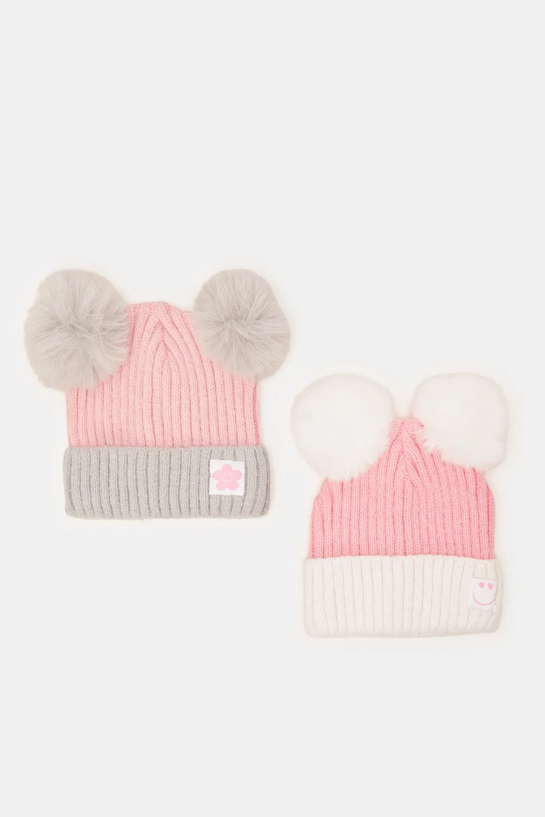 Girls Pink And Grey Knitted Cap (Pack of 2)